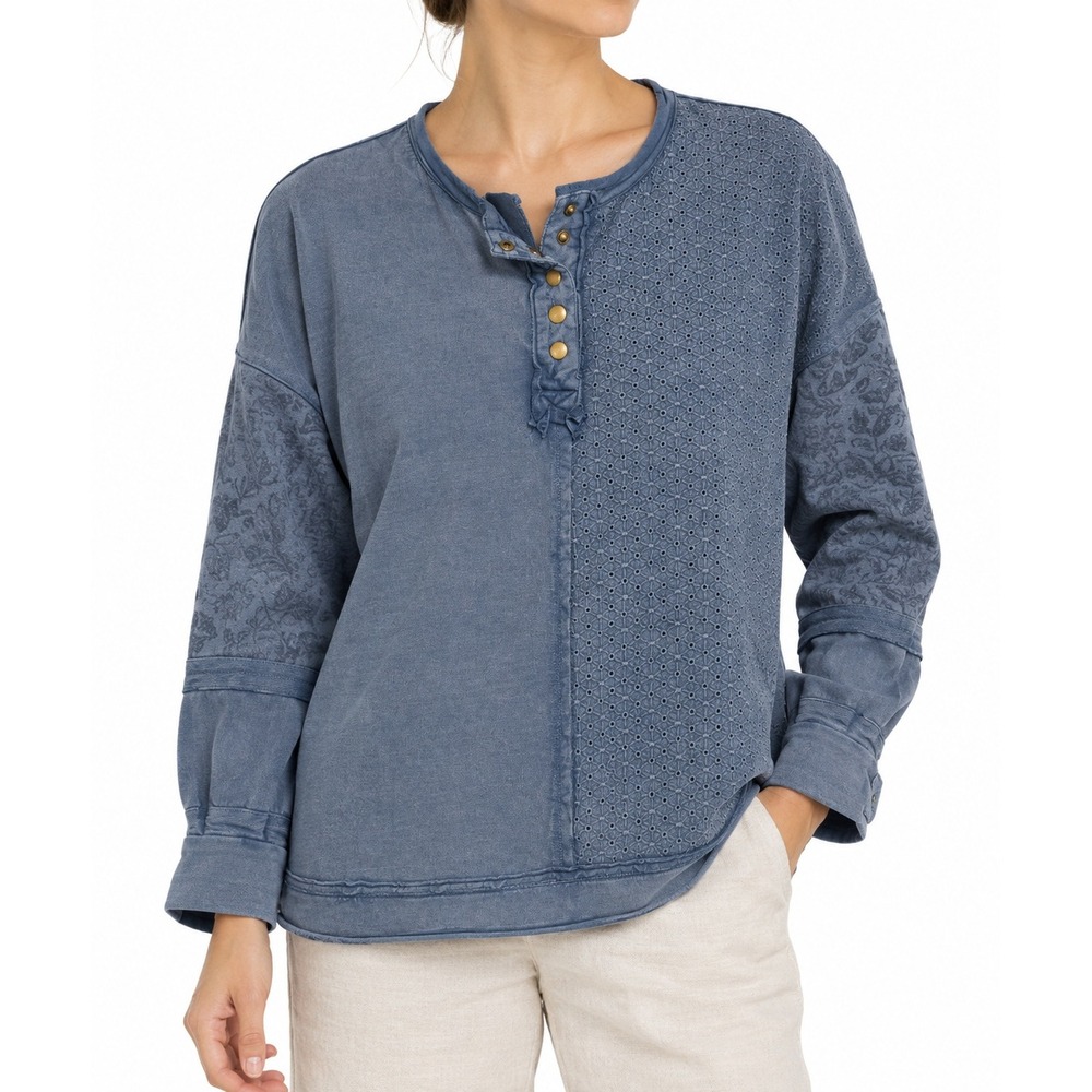 Sundance Appoline Cotton Eyelet Embroidered Henley Sweatshirt Blue Large